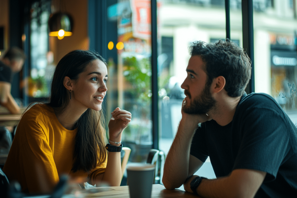 Kommunikation. To personer sidder på cafe og snakker