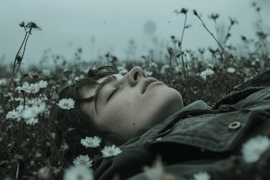 Mindfulness. En person ligger i græsset og meditere.