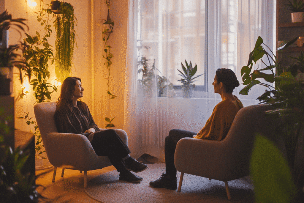 Psykoterapeut eller psykolog. En klient og en psykoterapeut eller psykolog sidder til samtale