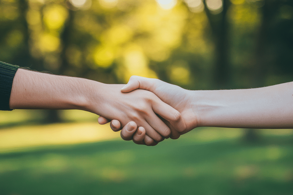 Nærvær i relationer. To mennesker giver hånd i en park