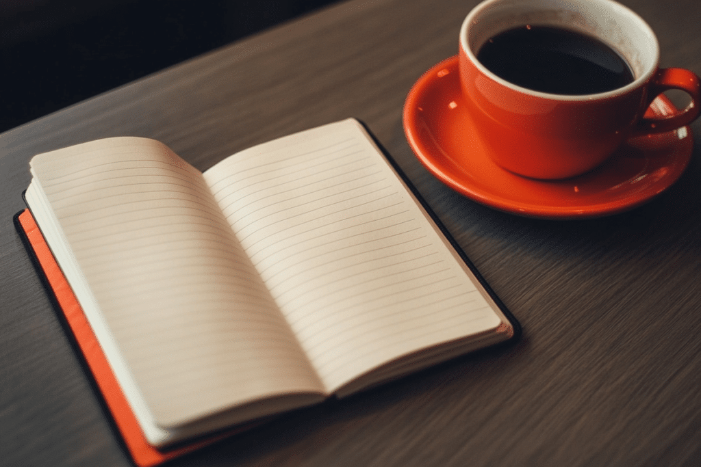 Tab af motivation. En tom notesbog ligger åben ved siden af en kop med kaffe.